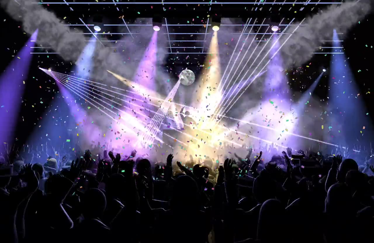 A crowd in front of a DJ booth under purple and yellow lights