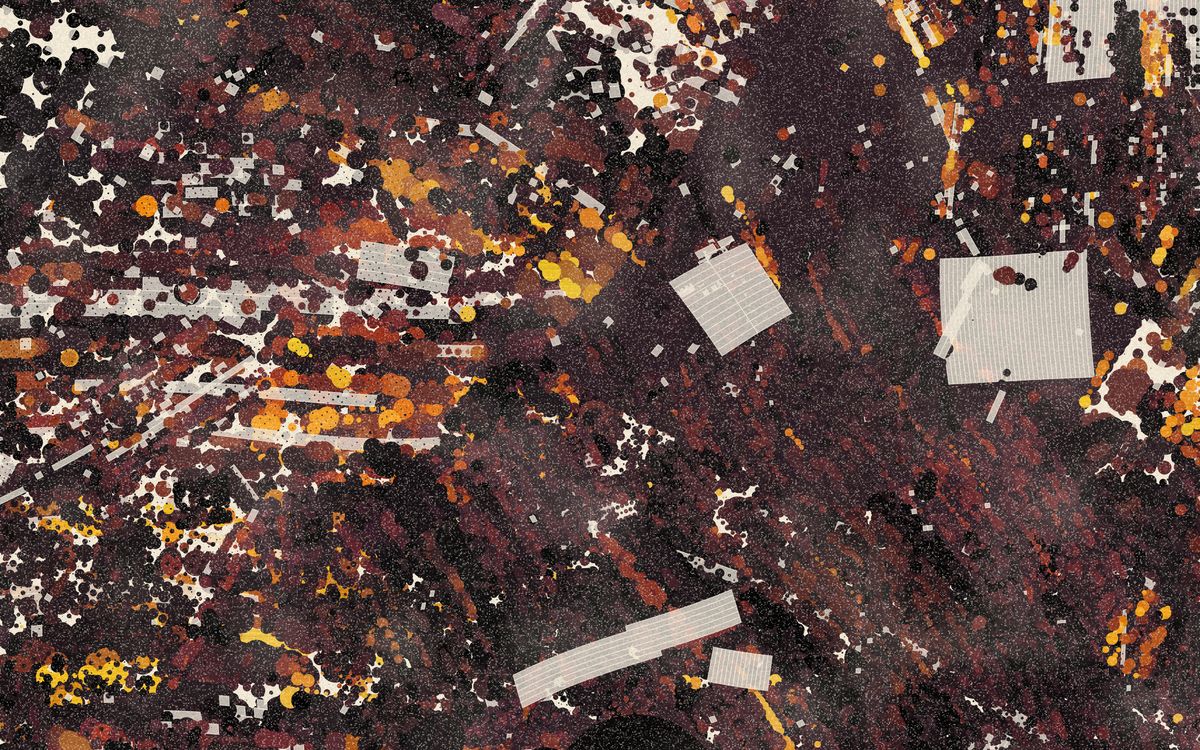 An abstract painting in oxblood, black and gold, made from the commit history of this site's own code
