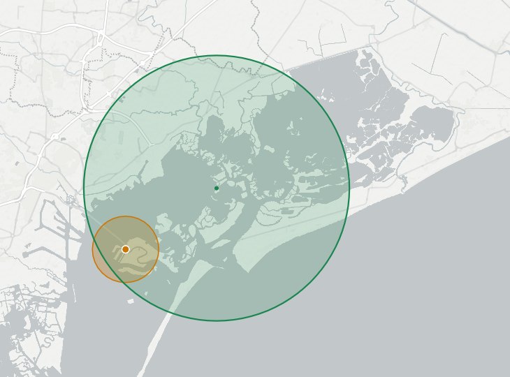 A map of the Venice lagoon with a green circle that touches the city