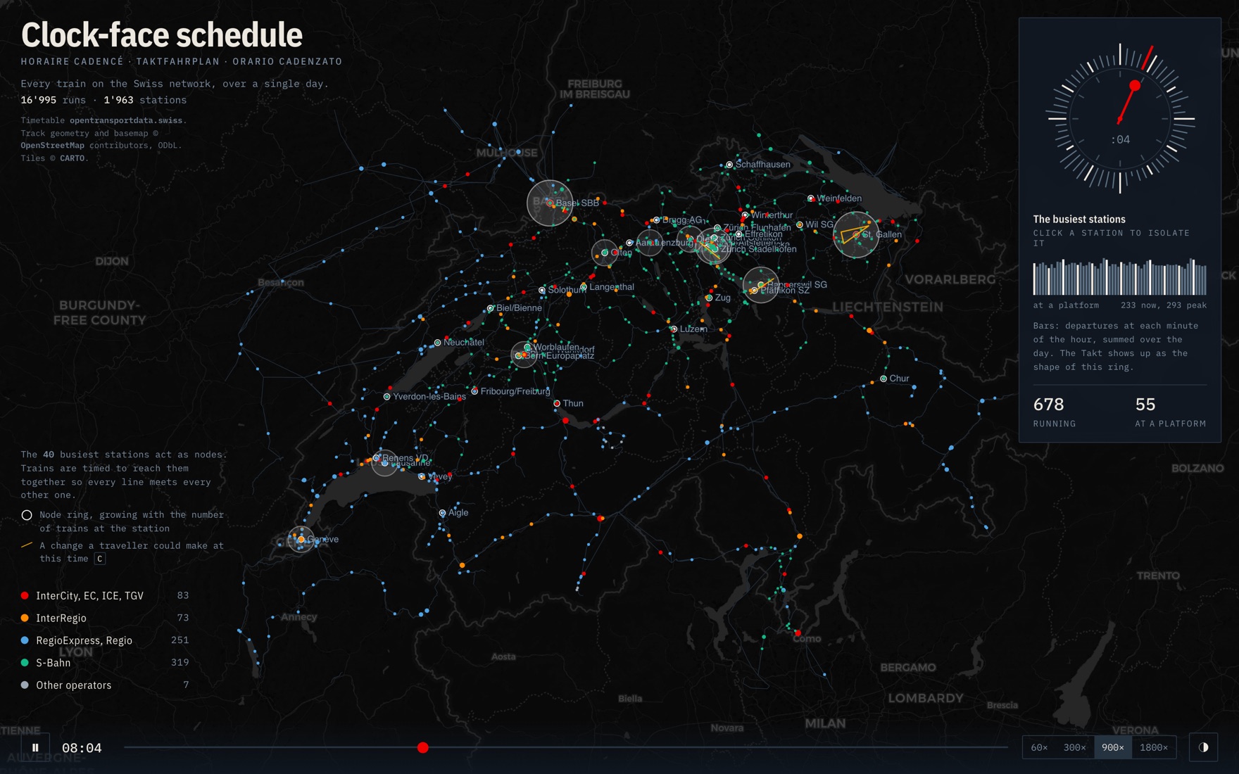 A dark map of Switzerland with coloured dots for trains in motion and a clock face counting the minute