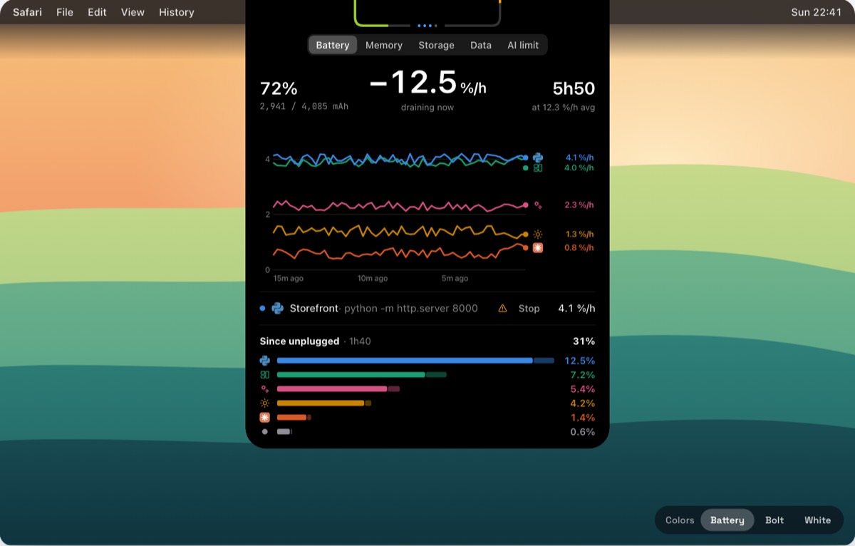 The Drain panel open under a MacBook notch, showing which apps drain the battery