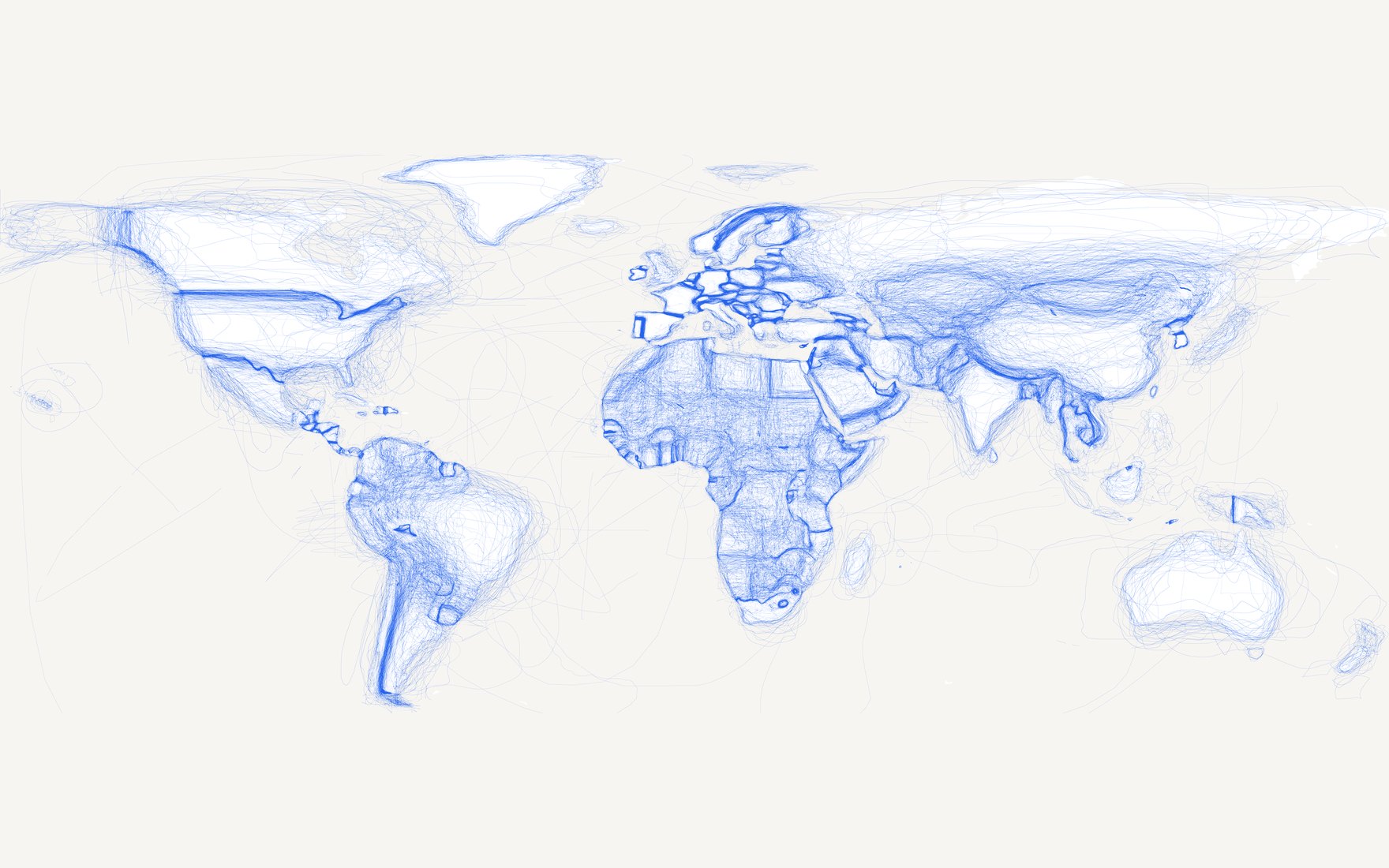A world map with no country borders, only faint blue lines where players have drawn them from memory