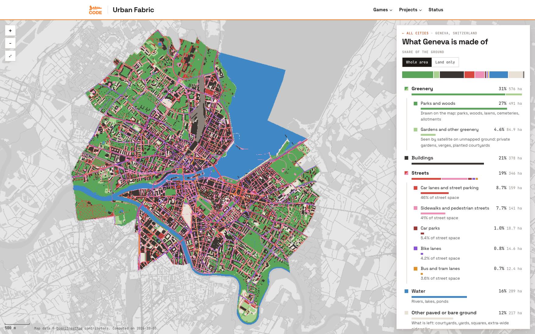 A map of Geneva coloured by what covers the ground: green parks, dark buildings, red and pink streets, the blue lake
