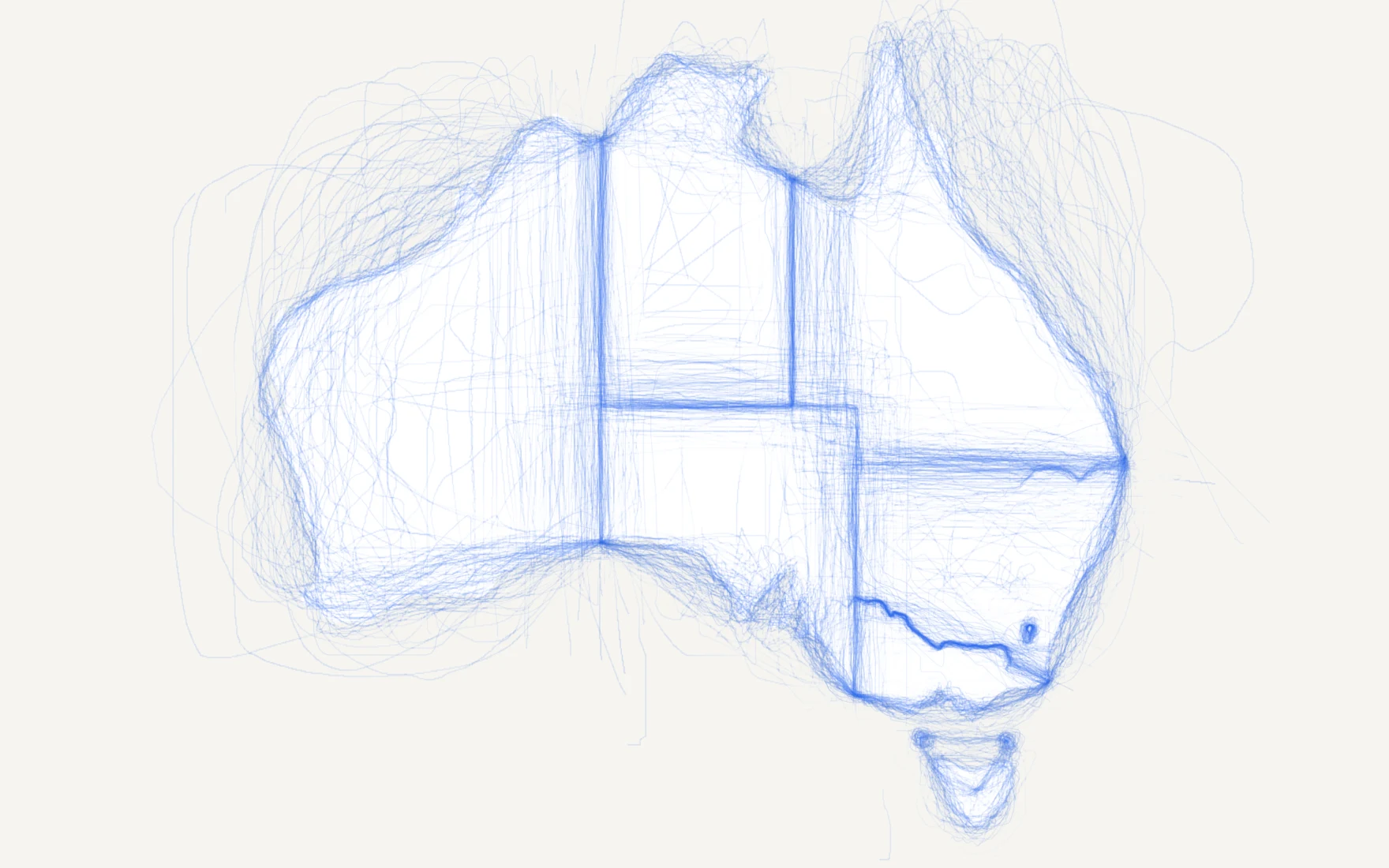 A map of Australia with no state borders, only blue lines where players have drawn them from memory