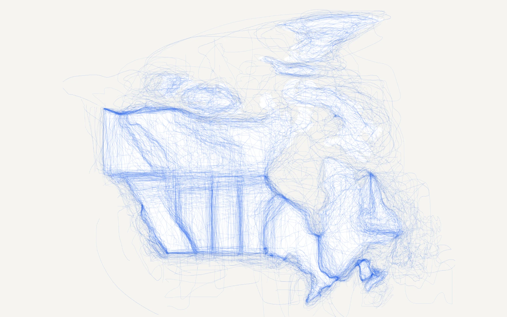 A map of Canada with no province borders, only blue lines where players have drawn them from memory
