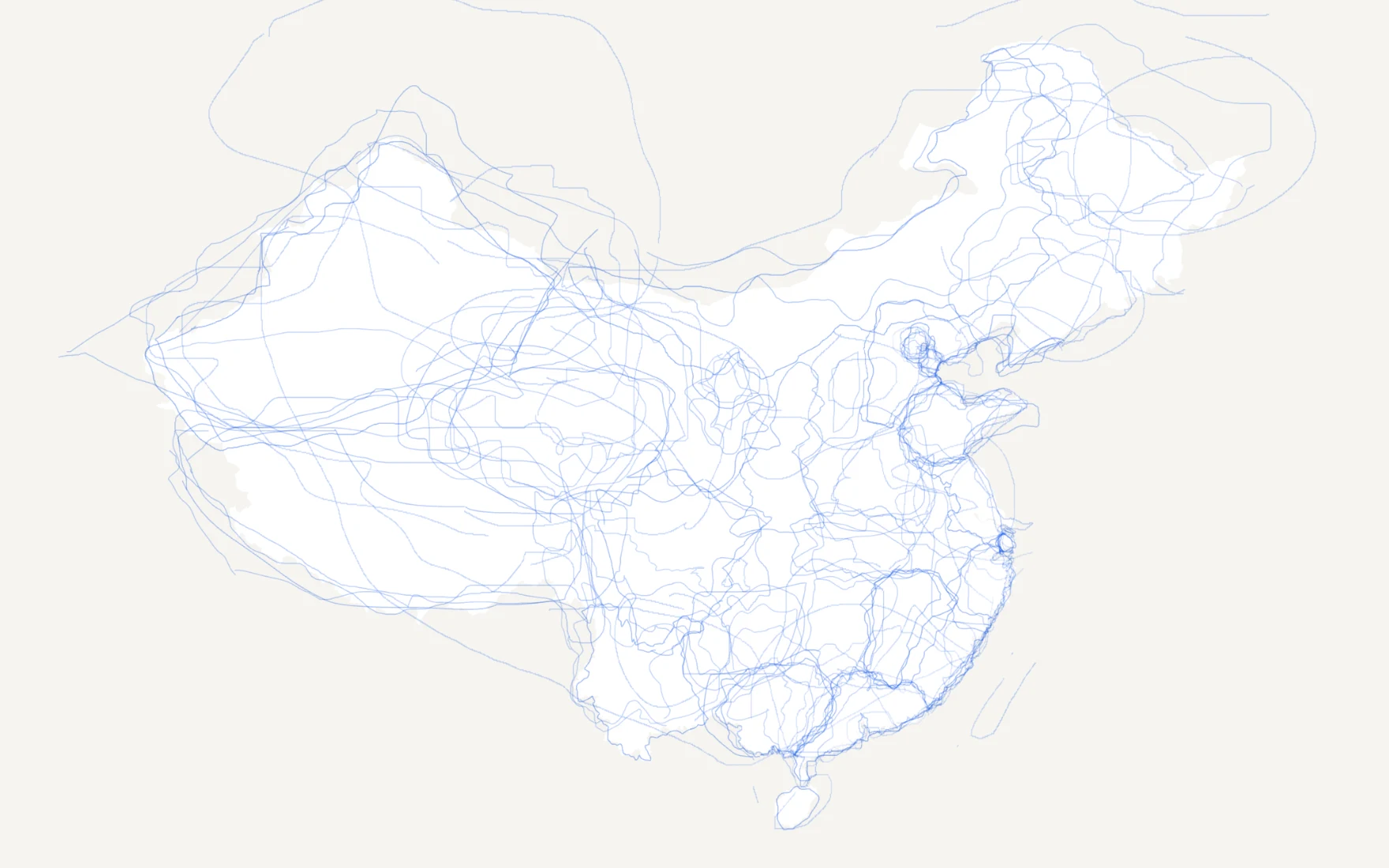 A map of China with no province borders, only blue lines where players have drawn them from memory