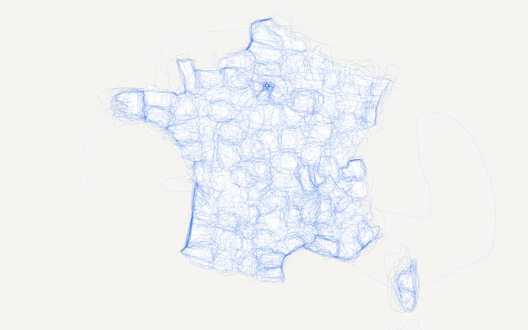A map of France with no département borders, only blue lines where players have drawn them from memory