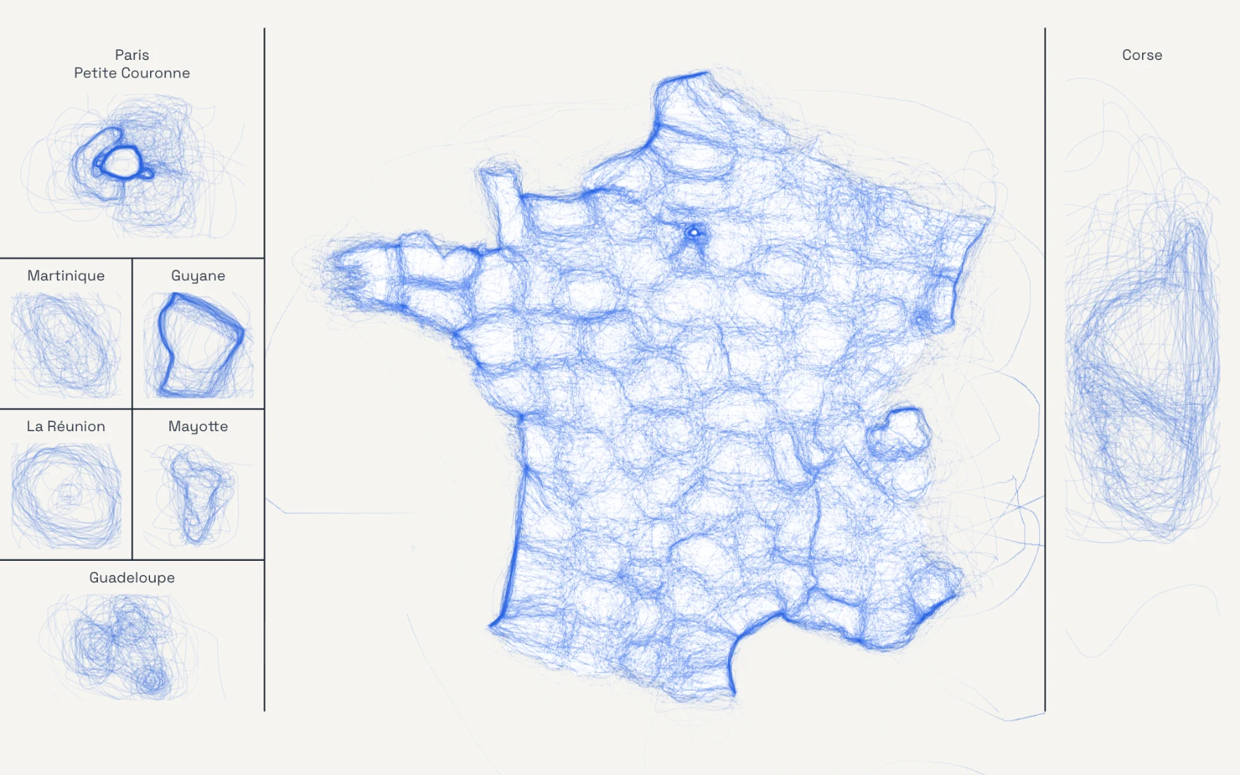 A map of France with no département borders, only blue lines where players have drawn them from memory