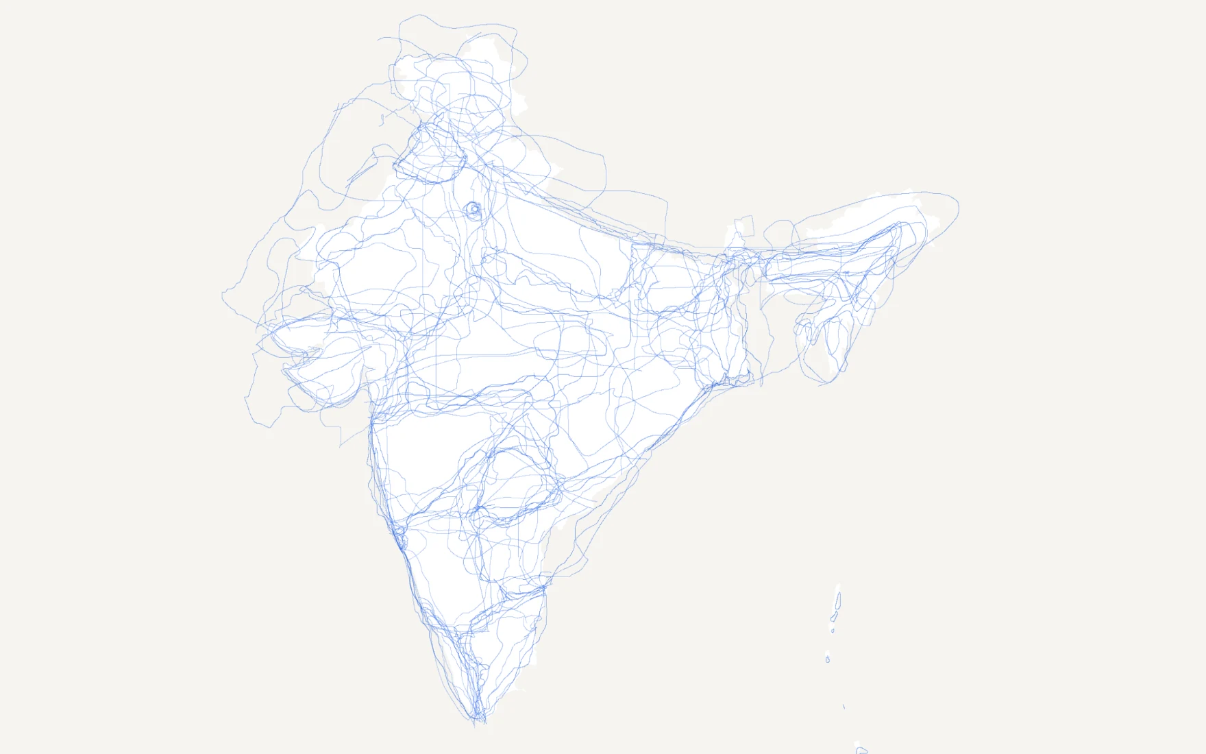 A map of India with no state borders, only blue lines where players have drawn them from memory