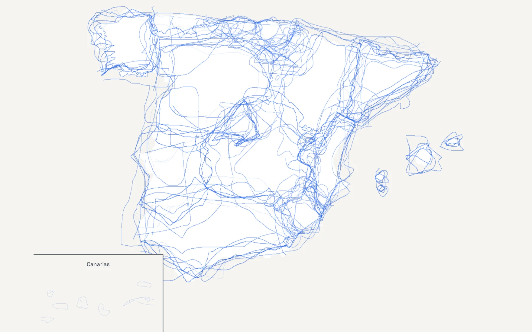 A map of Spain with no community borders, only blue lines where players have drawn them from memory