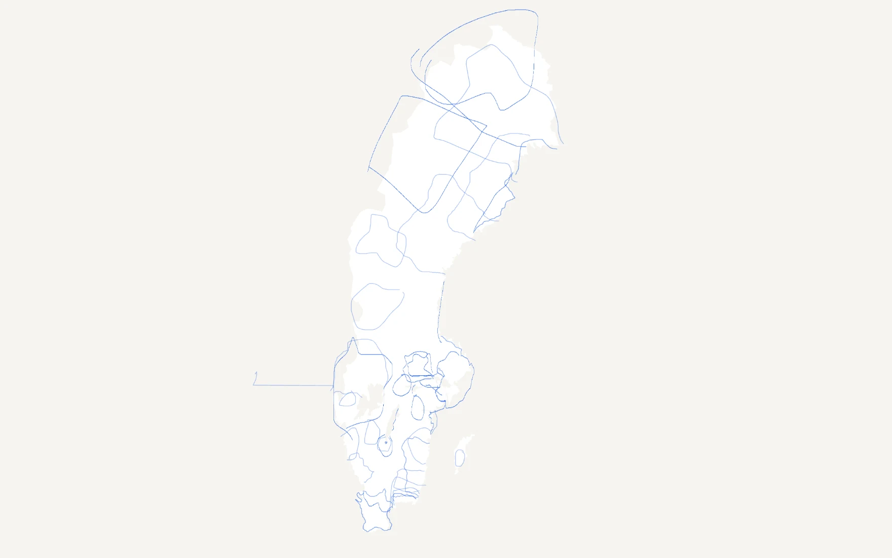 A map of Sweden with no county borders, only blue lines where players have drawn them from memory