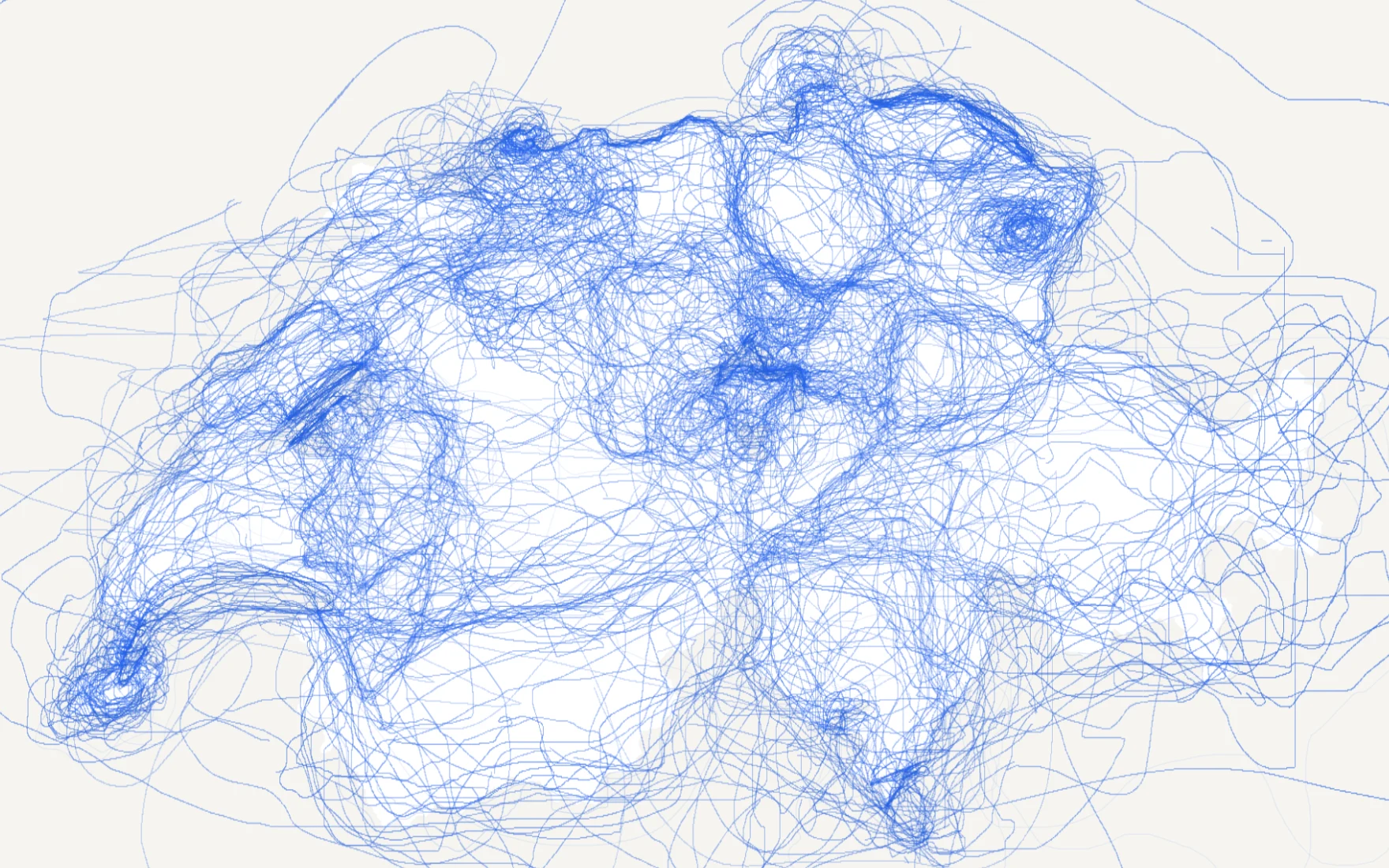 A map of Switzerland with no canton borders, only blue lines where players have drawn them from memory