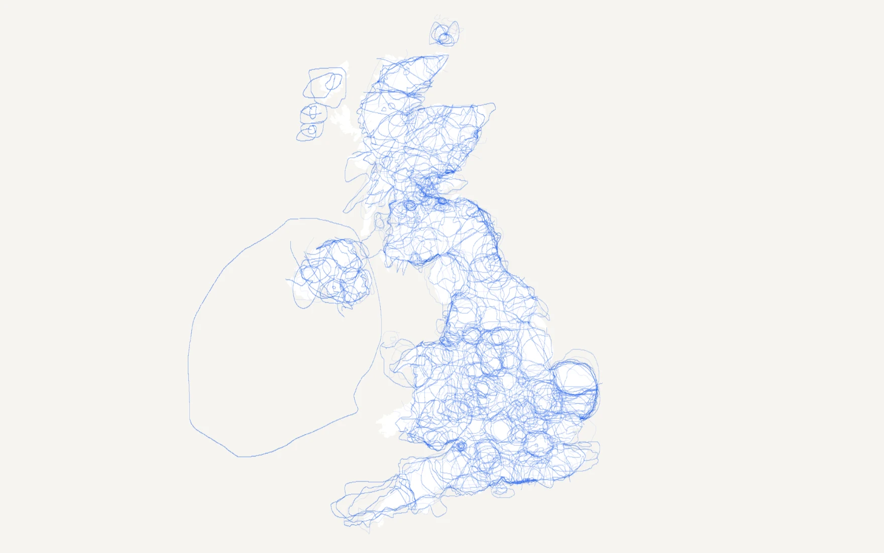 A map of the United Kingdom with no county borders, only blue lines where players have drawn them from memory