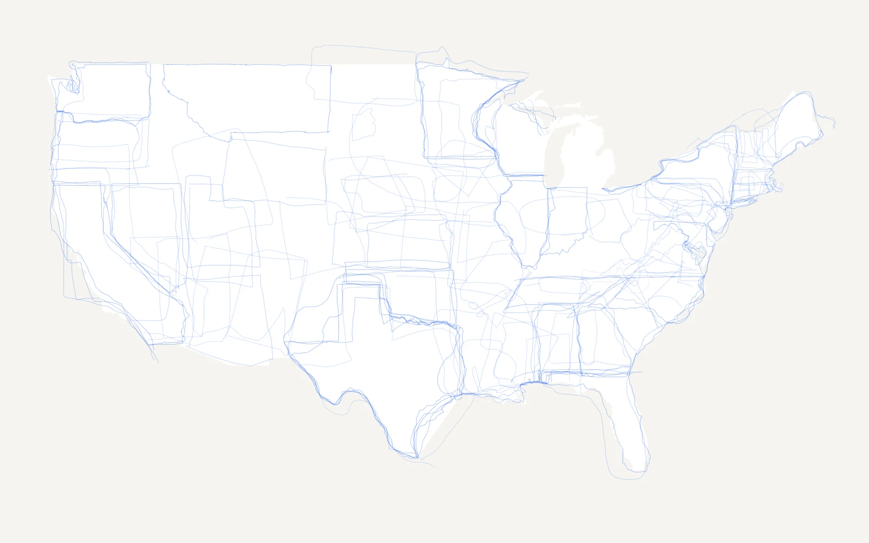 A map of the United States with no state borders, only blue lines where players have drawn them from memory