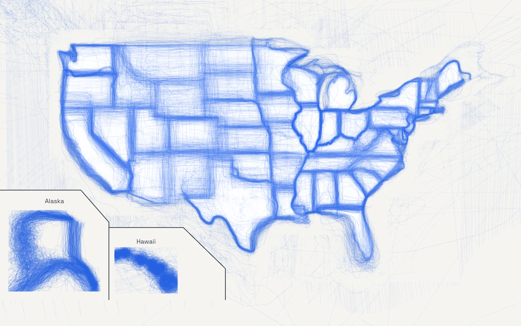 A map of the United States with no state borders, only blue lines where players have drawn them from memory